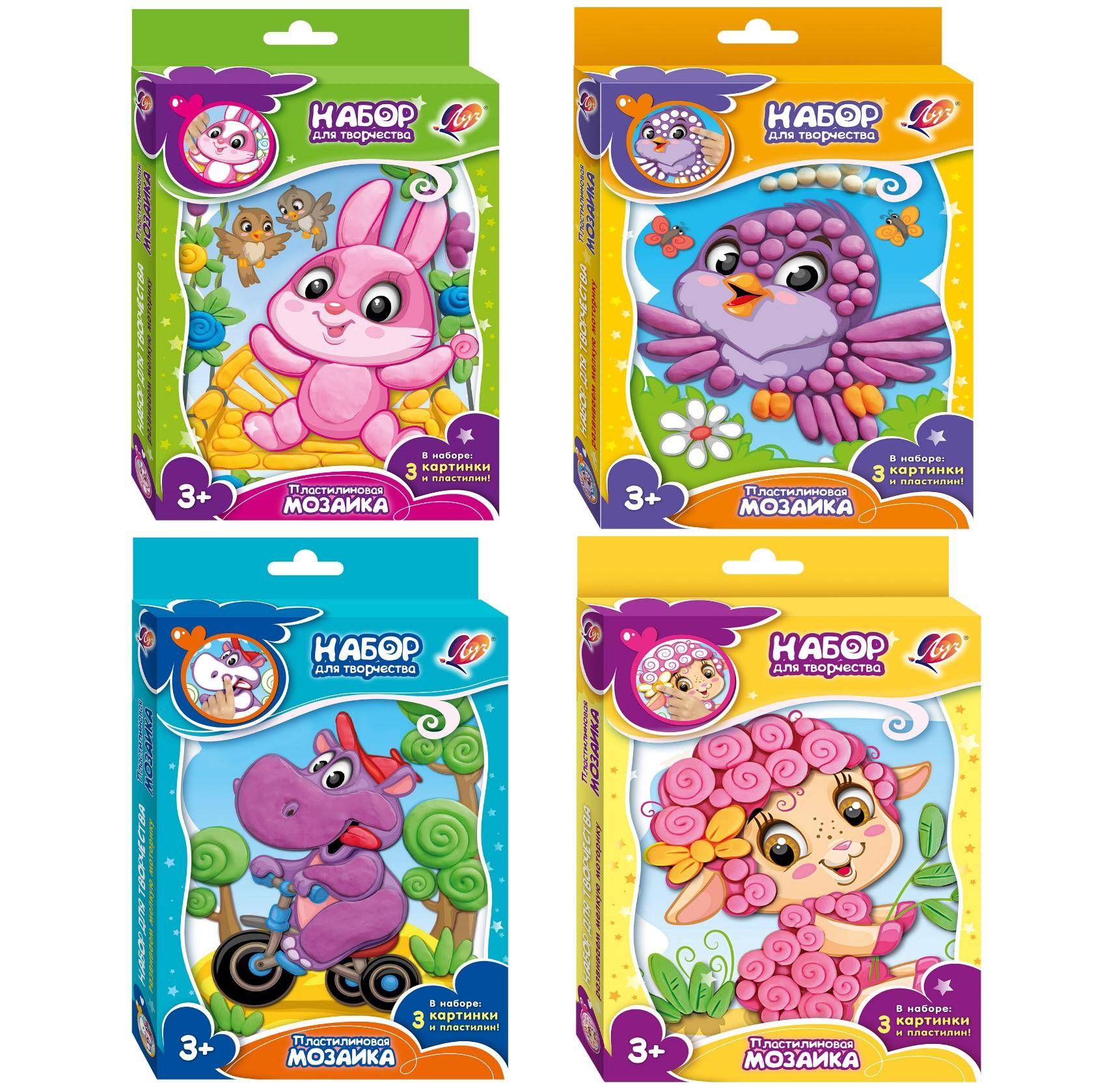 Пластилиновая мозаика ЛУЧ, Зайка, Овечка, Бегемотик, Воробушек