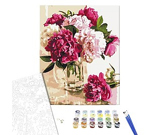 Pictura pe numere 40x50 cm Brushme BS51329 Bujori delicati in vaza de sticla, in cutie