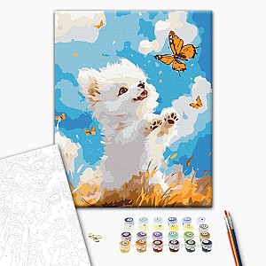 Pictura pe numere 30x40cm Brushme KBS0186 Catelus si un fluture, fara cutie