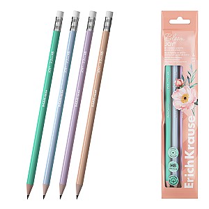 Set creioane simple ErichKrause 60705 JOY Pastel Bloom HB rotunde, cu radiera, 4 bucati