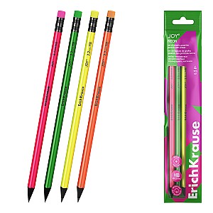 Set creioane simple ErichKrause 60701 JOY Neon HB rotunde, cu radiera, 4 bucati