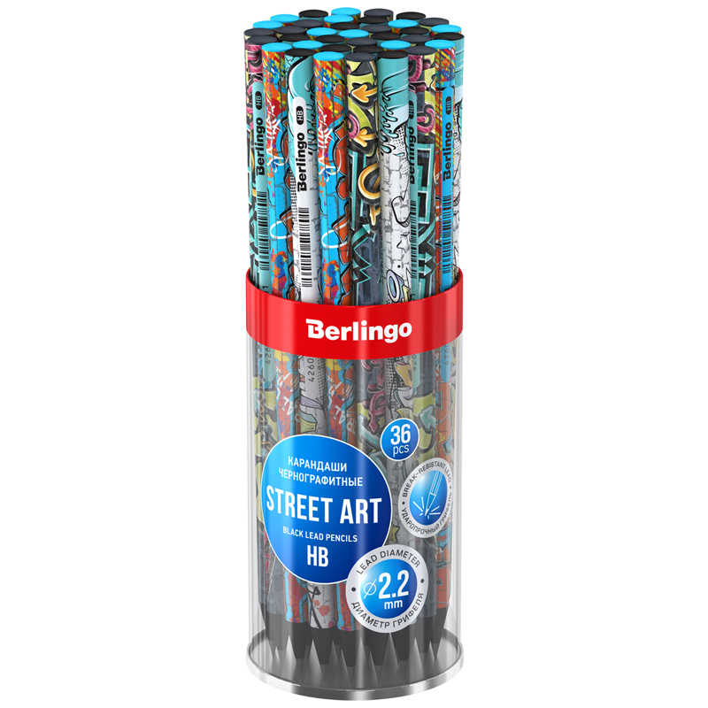 Creion grafit Berlingo Street Art BP01302 HB rotund, lemn negru, asortat