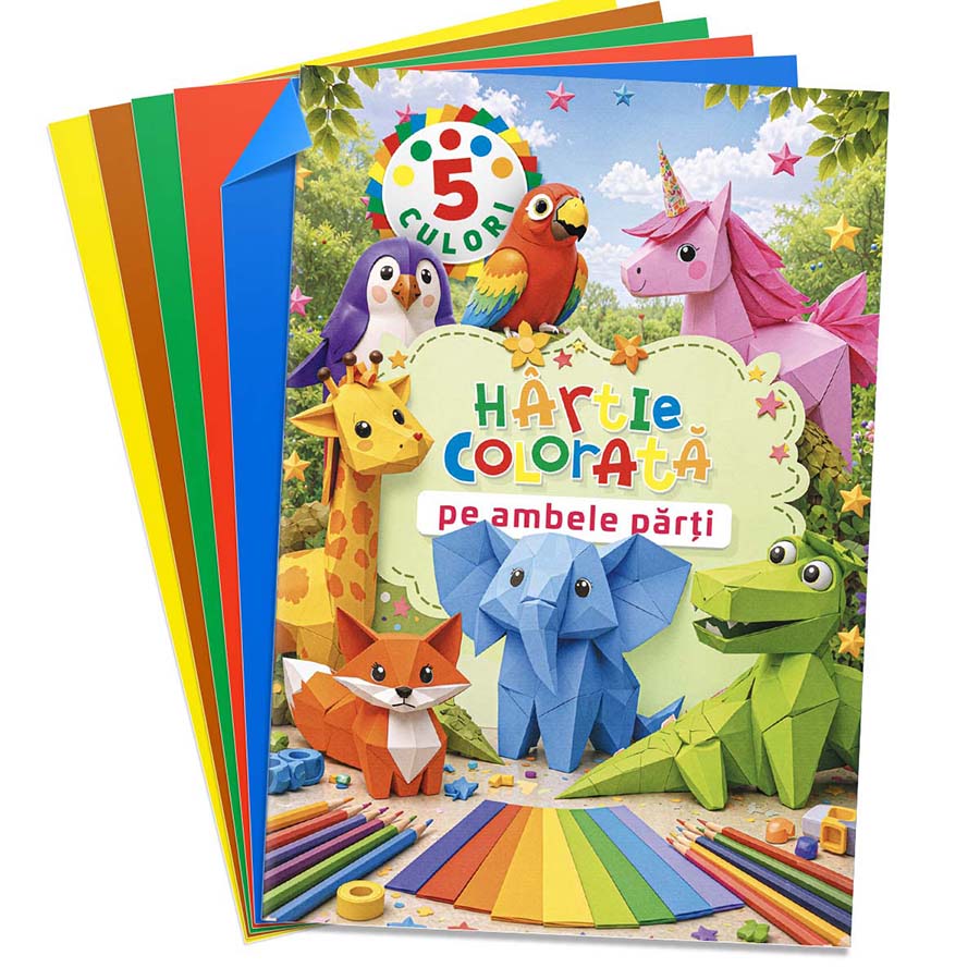 Set de hartie colorata fata-verso A4  5 cul.
