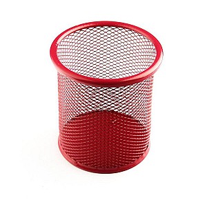 Suport pentru pixuri 802, rotund, metalic, plasa, rosu