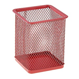 Suport pentru pixuri 804, patrat, metalic, plasa, rosu