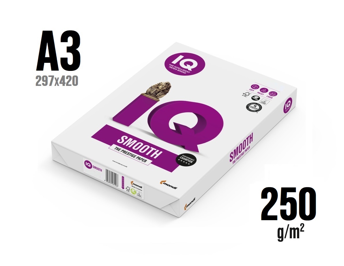 Hartie pentru tehnica de birou IQ SMOOTH A3 (250 gr/m2, 200 foi) clasa A++