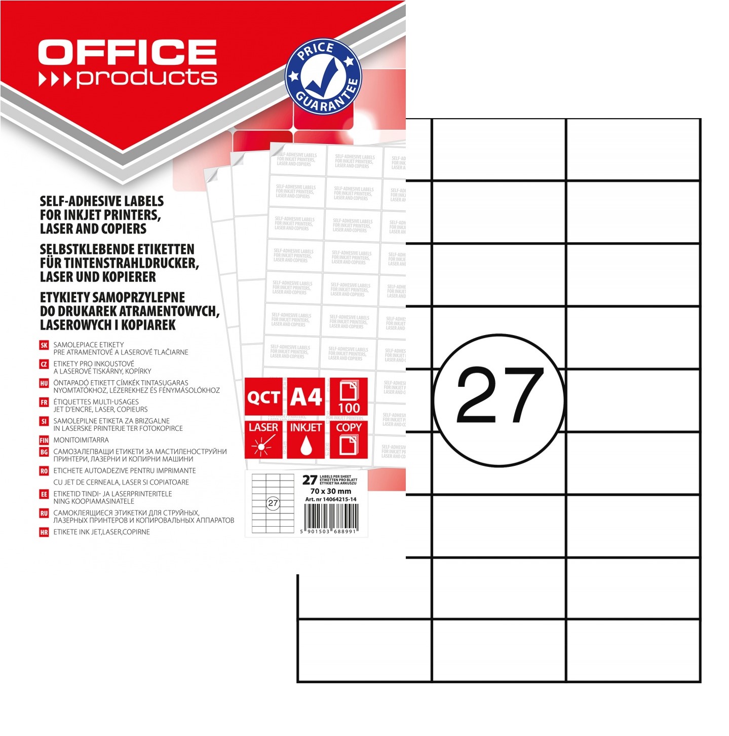 Этикетки самоклеящиеся А4, 27шт., 70х30мм 100 листов OFFICE PRODUCTS