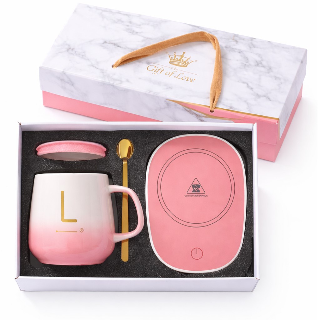 Set cadou cu cana, capac, lingurita si incalzitor USB HH04058 roz