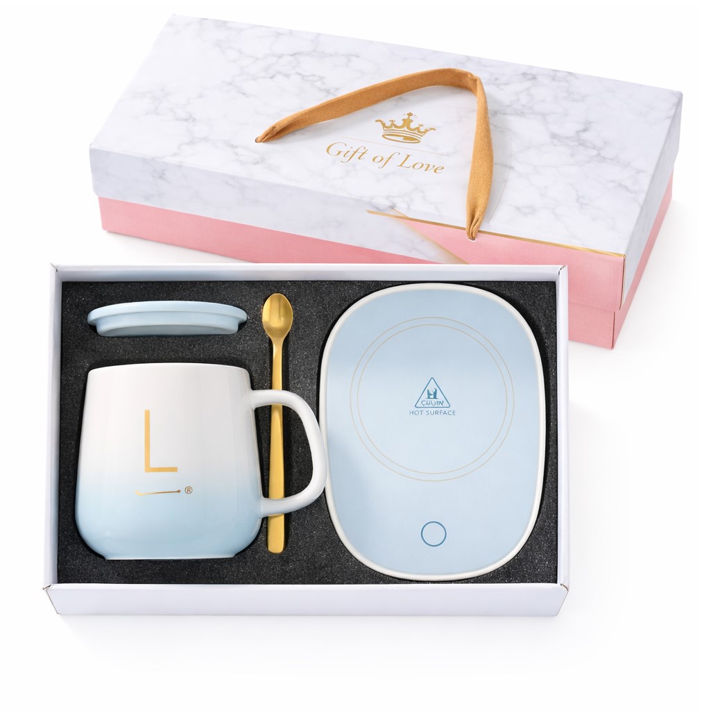 Set cadou cu cana, capac, lingurita si incalzitor USB HH04059 albastru deschis