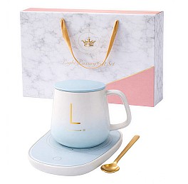 Set cadou cu cana, capac, lingurita si incalzitor USB HH04059 albastru deschis
