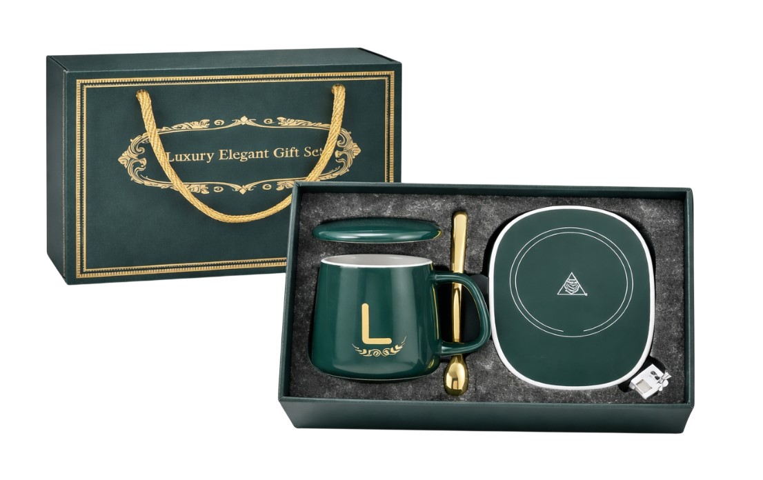 Set cadou cu cana, capac, lingurita si incalzitor USB HH04063 smarald