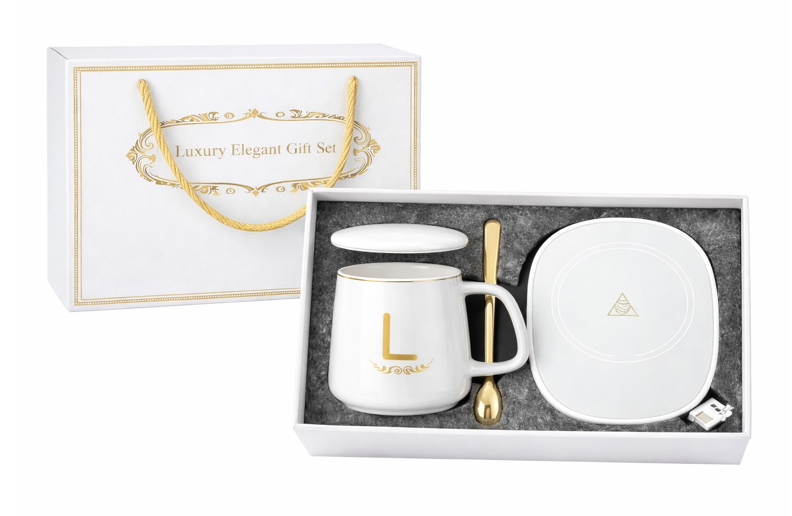 Set cadou cu cana, capac, lingurita si incalzitor USB HH04064 alb