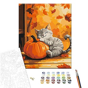 Pictura pe numere 40x50cm Brushme BS54391 Pisica cu dovleac, in cutie